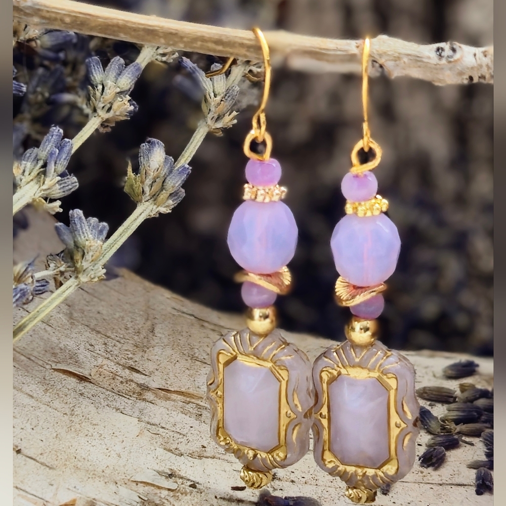 Victorian Purple Opaline Czech Glass Handmade ArtisanEarrings In Gold Plated